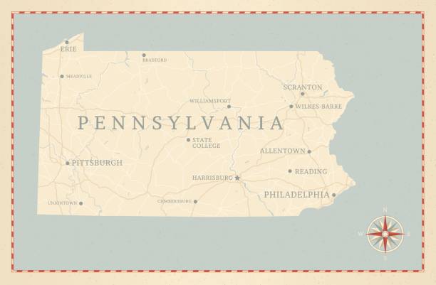Vintage-Style Pennsylvania Map A vintage-style map of Pennsylvania with freeways, highways and major cities. Shoreline, lakes and rivers are very detailed. Includes an EPS and JPG of the map without roads and cities. Texture, compass, cities, etc. are on separate layers for easy removal or changes.  allentown pennsylvania stock illustrations