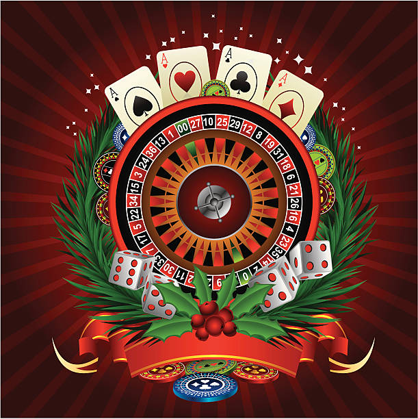 Christmas Casino Christmas casino illustration with Wreath, roulette, cards and chips against red background christmas casino stock illustrations