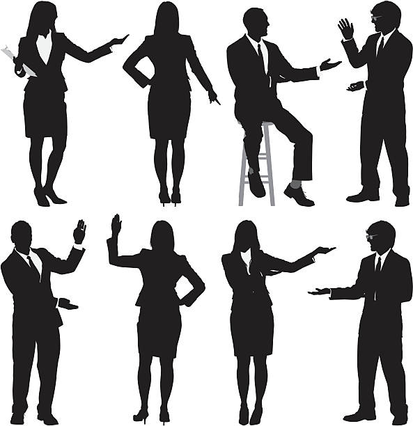 Business executives in different poses Business executives in different poseshttp://www.twodozendesign.info/i/1.png person presenting silhouette stock illustrations