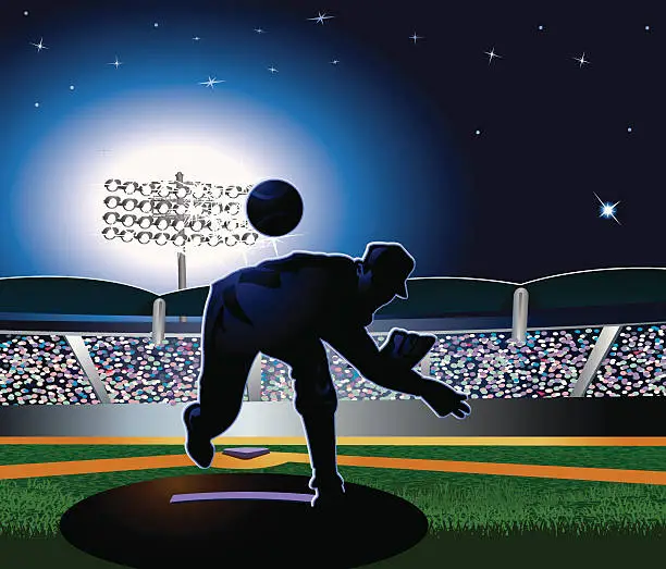 Vector illustration of Baseball Pitcher Under Stadium Lights