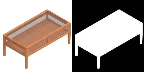 3D rendering illustration of a wooden display table with glass panels