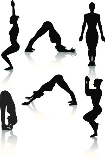 Stylized silhouetted illustrations - Standing 5 Six silouetted illustrations of seated yoga positions. One of a series. garudasana illustrations stock illustrations