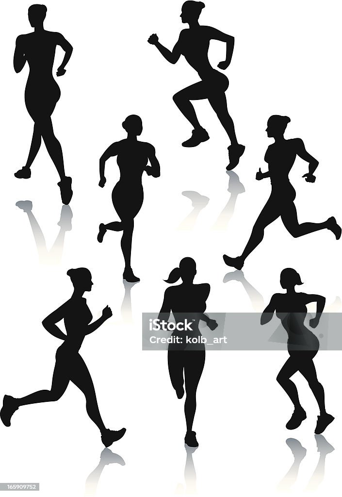 Silhouettes of women jogging Seven illustrations of silhouettes of women jogging and running. One of a series. In Silhouette stock vector