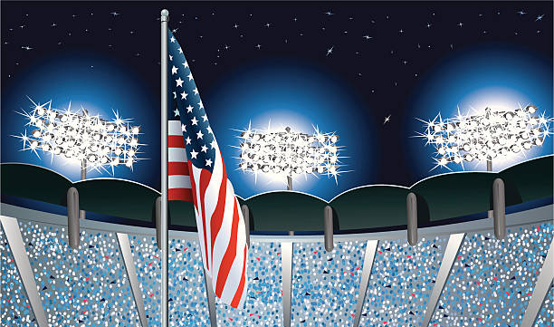 American Flag Under Sports Stadium Lights Highly rendered illustration of an American Flag Under Sports Stadium Lights. Check out my "Americana" light box for more. football field night american culture empty stock illustrations