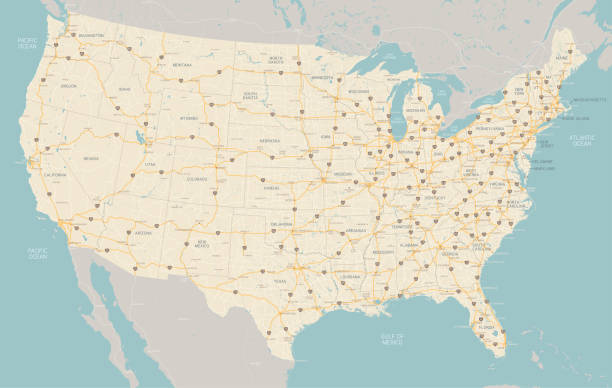United States Highway Map "A very detailed map of the United States with freeways, major highways, major cities and lakes and rivers. Each state was drawn separately so shoreline and waterways are very detailed." usa stock illustrations