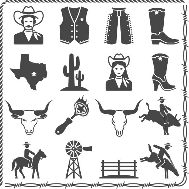 The Wild West Ranch Life black & white icon set The Wild West Ranch Life black and white royalty free vector interface icon set. This editable vector file features black interface icons on white Background. The icons in this vector set include cowboy, cowboy vest, pants and boots. The map of Texas, cactus plant, cowgirl outfit, cowgirl long boots, bull's scull, branding stamp bull riding, and wild west farm. officer boots stock illustrations