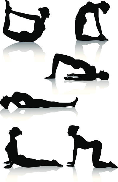 Stylized yoga silhouettes - Bending Six silhouetted illustrations of bending yoga positions. One of a series. ustrasana stock illustrations