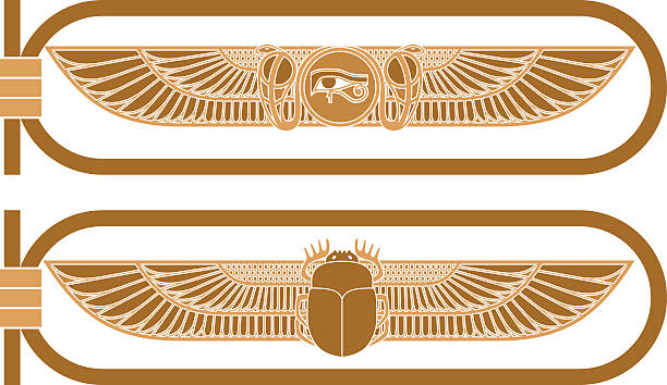 Two different bronze Egyptian icons Egyptian icons with snakes and the sun with wings and scarab with wings in cartouches. scarab beetle stock illustrations