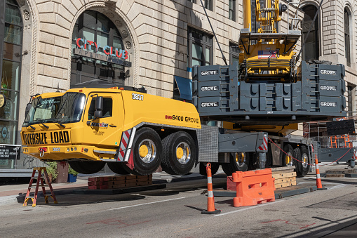 Cincinnati - September 1, 2023: GROVE Mobile Telescopic Crane. GROVE is a subsidiary of Manitowoc Cranes and The Manitowoc Company.