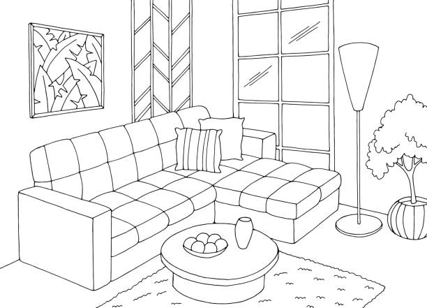 istock Living room graphic black white home interior sketch illustration vector 1659109260