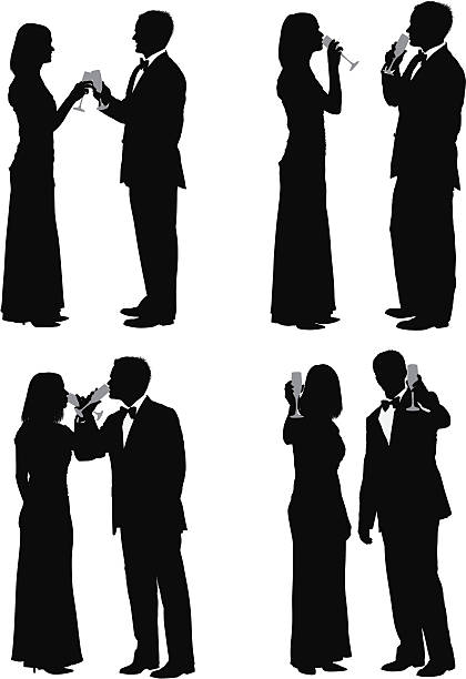 ilustraciones, imágenes clip art, dibujos animados e iconos de stock de pareja disfrutando de champán - toast party silhouette people