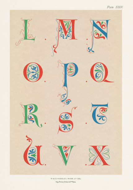 중세 알파벳. 중세 디자인. 스텐실 예술. 첫 글자의 12 세기 알파벳 - text ornate pattern medieval illuminated letter stock illustrations