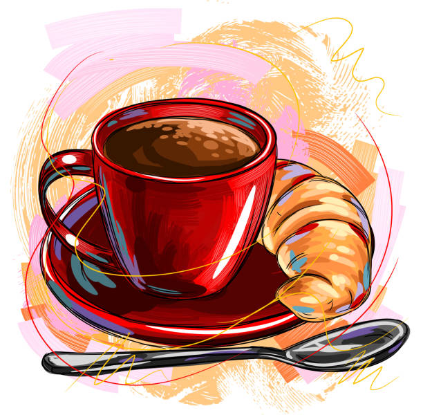 kaffee und croissant - bread baked illustration and painting vector stock-grafiken, -clipart, -cartoons und -symbole