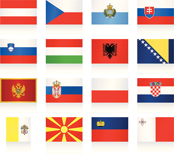 illustrazioni stock, clip art, cartoni animati e icone di tendenza di collezione bandiere europa centrale e meridionale - bosnia herzegovinan flag