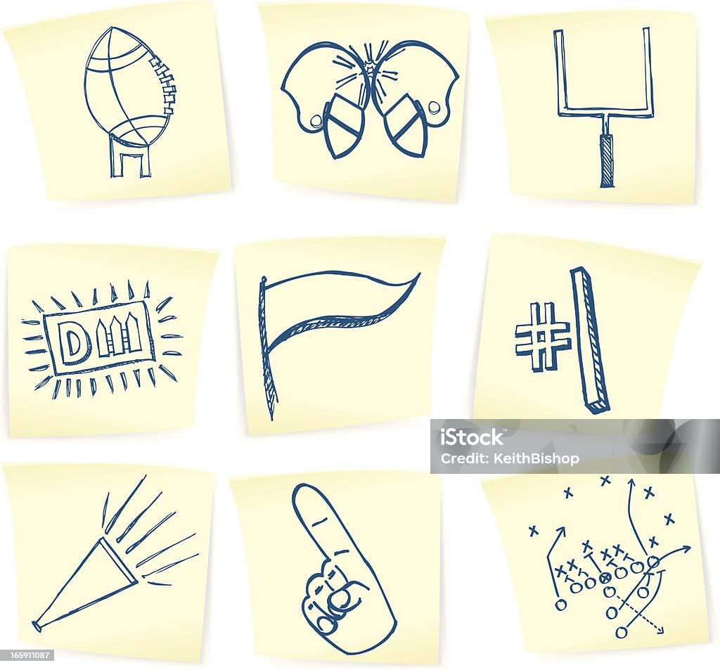 Football Doodles on Sticky Notes Doodle drawings of a football, football helmets, goalpost, pennant, play, megaphone and number one foam finger on sticky notes. Check out my "American Football Vector" light box for more. American Football - Ball stock vector