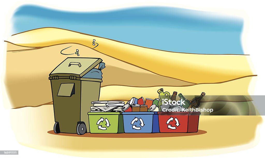 Articles recyclé et des poubelles dans le désert - clipart vectoriel de Boîte à ordures ménagères libre de droits