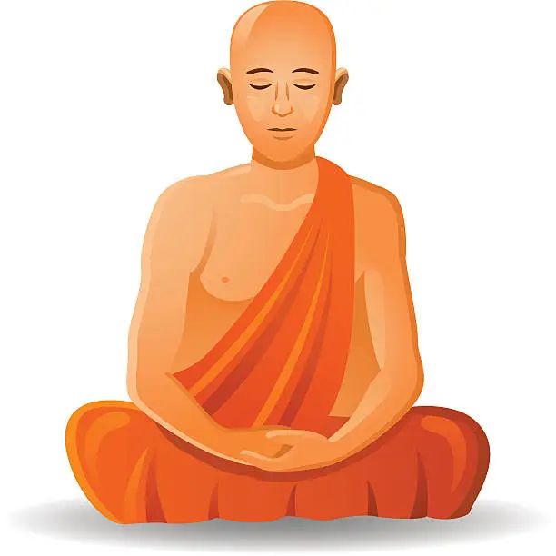 Vector illustration of Buddhist monk in orange robe and bald