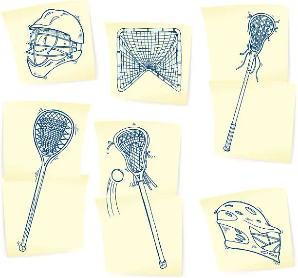 Vector illustration of Lacrosse Equipment Doodles on Sticky Notes