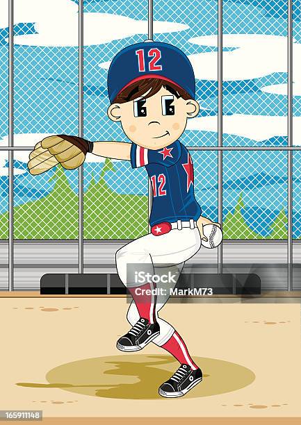 Ilustración de Linda Liga Juvenil Escena Lanzador De Béisbol y más Vectores Libres de Derechos de Béisbol - Béisbol, Pelota de béisbol, Cabello castaño