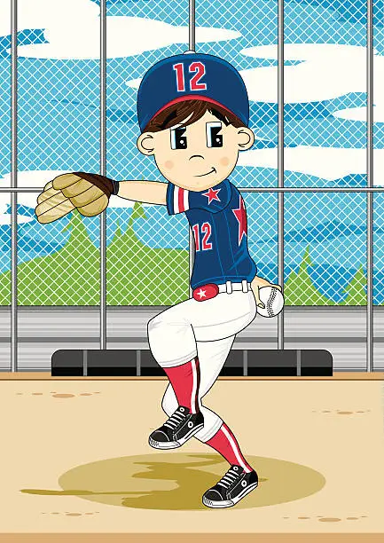Vector illustration of Cute Youth League Baseball Pitcher Scene