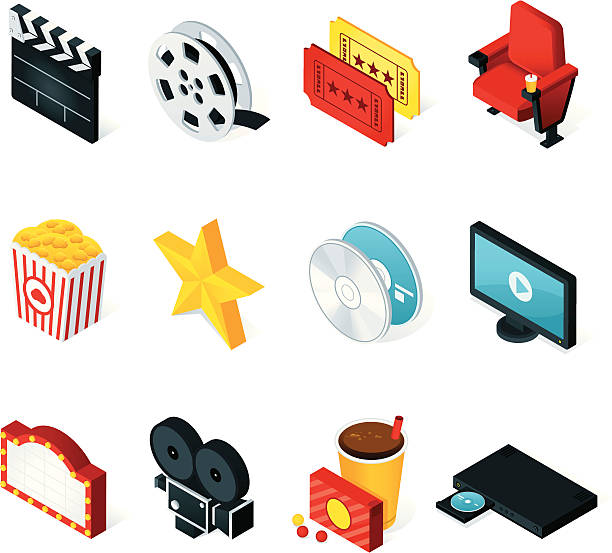 ilustraciones, imágenes clip art, dibujos animados e iconos de stock de isométricos iconos de películas - dvd