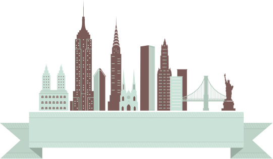 A retro-styled banner with the New York City skyline.