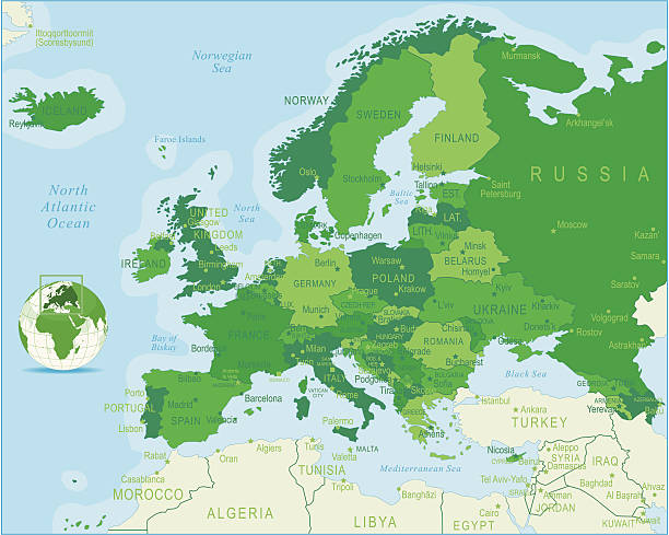 europa karte vollständige - frankreich polen stock-grafiken, -clipart, -cartoons und -symbole