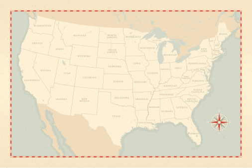 A vintage-style map of the United States. Each state was drawn separately so shorelines, lakes and rivers are very detailed.