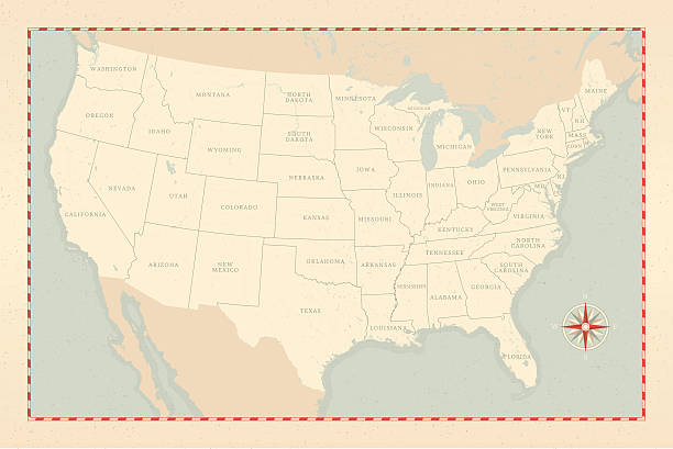 Vintage-Style U.S. Map A vintage-style map of the United States. Each state was drawn separately so shorelines, lakes and rivers are very detailed. Canal stock illustrations
