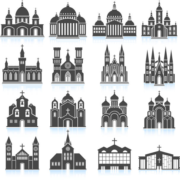 old church und der kathedrale schwarz & weiß vektor icon-set - cathedral stock-grafiken, -clipart, -cartoons und -symbole