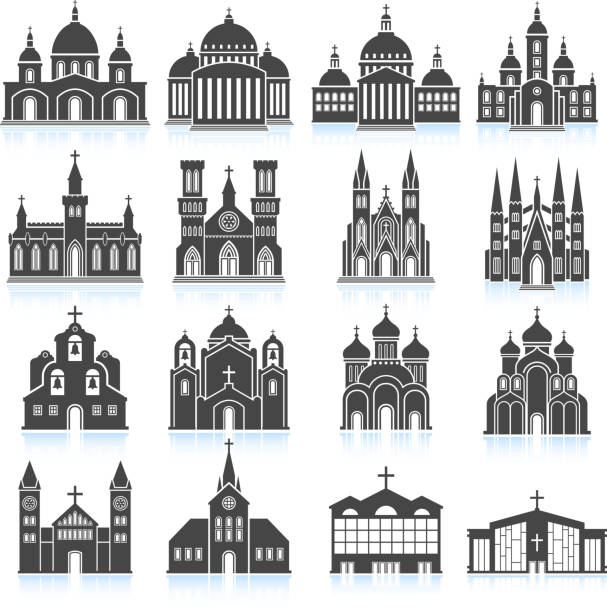 ilustrações de stock, clip art, desenhos animados e ícones de antiga igreja catedral & branco e preto vector conjunto de ícones - cathedral architecture old church