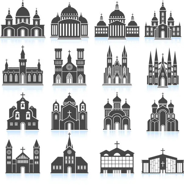 Vector illustration of Old Church and Cathedral black & white vector icon set