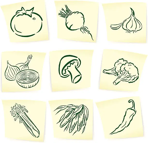 Vector illustration of Garden Vegetable Doodles on Sticky Notes