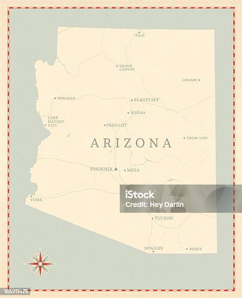 Винтажном Стиле Карта Аризона — стоковая векторная графика и другие изображения на тему Аризона - Юго-запад США - Аризона - Юго-запад США, Карта, Прескотт - Аризона