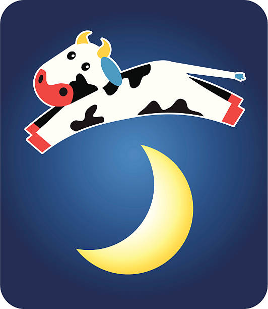 krowa skakać na księżycu - cow moon nursery rhyme jumping stock illustrations