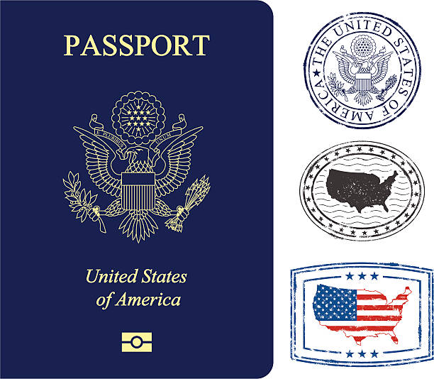 USA passport and stamps United States of America passport and rubber stamps. JPG (6250x5417px), PDF, PNG (transparent background) and AI files available in zip file. passport stock illustrations