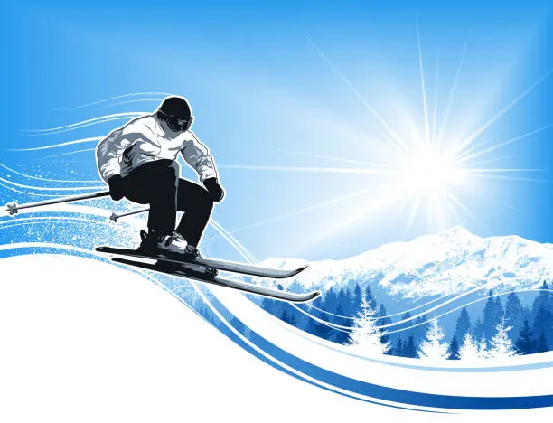 Vector illustration of Skier with sun and mountains