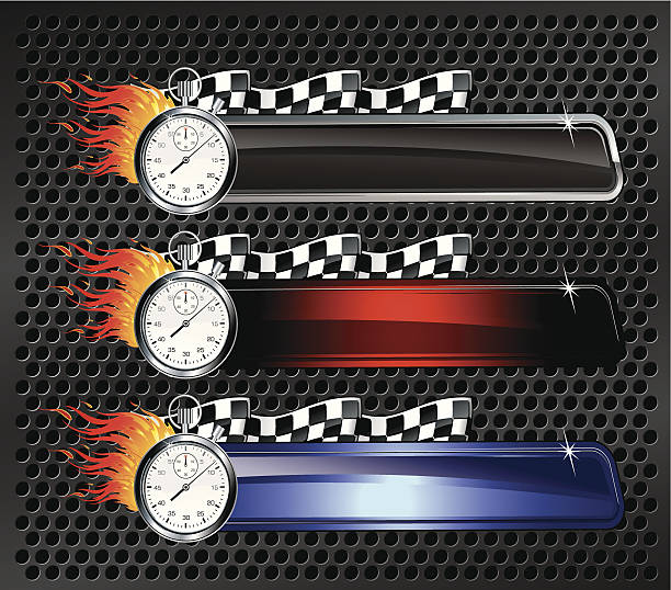 wyścigi baner z stoper i płomieni - insignia chrome checkered flag banner stock illustrations