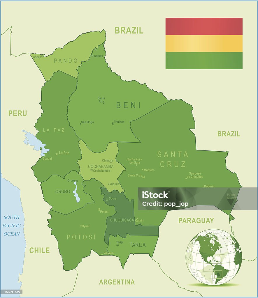 Vert carte de Bolivie-membres, villes et drapeau - clipart vectoriel de Bolivie libre de droits