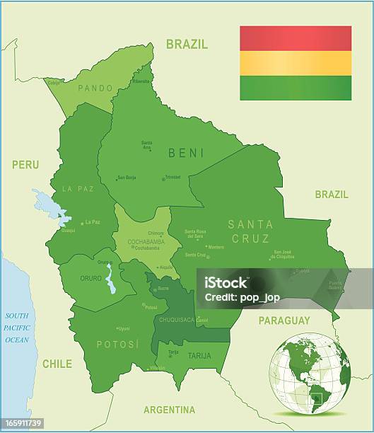 Verde De Mapa Da Bolíviamembros Cidades E A Bandeira - Arte vetorial de stock e mais imagens de Bolívia