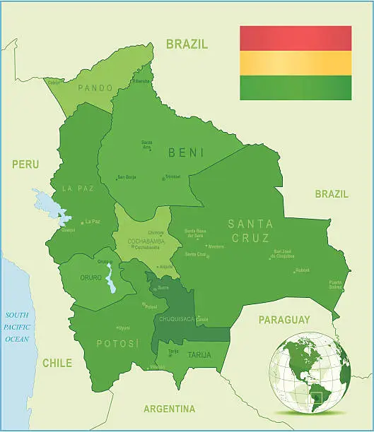 Vector illustration of Green Map of Bolivia - states, cities and flag