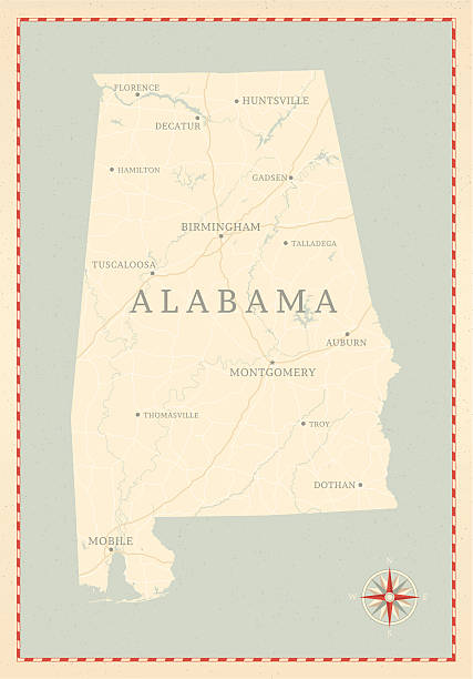 Vintage-Style Alabama Map A vintage-style map of Alabama with freeways, highways and major cities. Shoreline, lakes and rivers are very detailed. Includes an EPS and JPG of the map without roads and cities. Texture, compass, cities, etc. are on separate layers for easy removal or changes.  alabama map stock illustrations