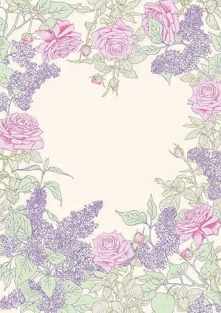 Vector illustration of Lilac, Pink Roses. Floral Frame.