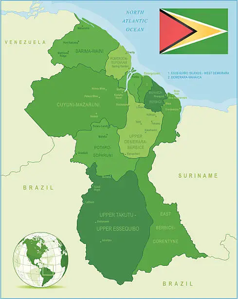 Vector illustration of Green Map of Guyana - states, cities and flag