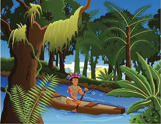ilustrações, clipart, desenhos animados e ícones de amazon homem indígena - amazon com illustrations