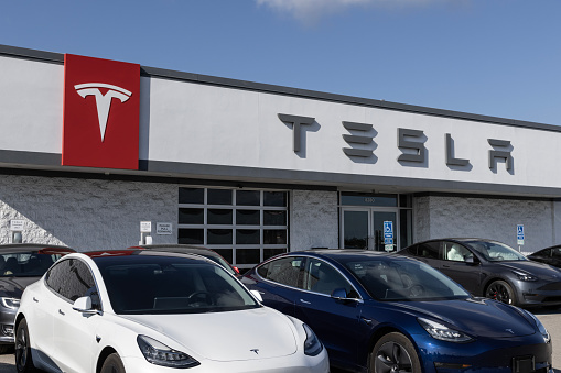 Indianapolis - September 3, 2023: Tesla EV electric vehicles on display. Tesla models include the Model 3, Model Y, Model X and Model S.