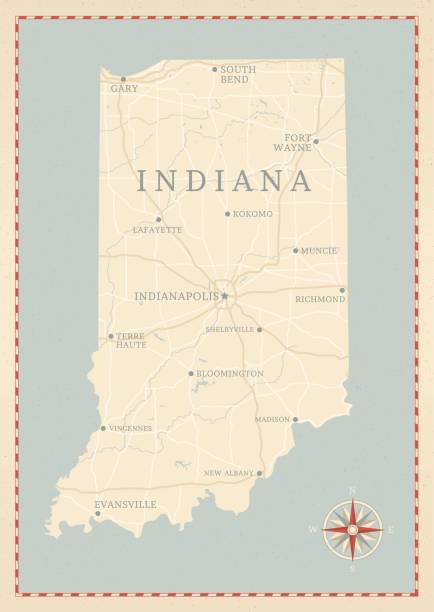 Vintage-Style Indiana Map A vintage-style map of Indiana with freeways, highways and major cities. Shoreline, lakes and rivers are very detailed. Includes an EPS and JPG of the map without roads and cities. Texture, compass, cities, etc. are on separate layers for easy removal or changes. evansville indiana stock illustrations