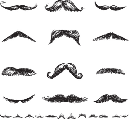 Hand Drawn Moustache Illustration. Bottom row includes the noses. Set of twenty-four different styles of Men's Moustaches Illustration Icons in flat colors. No gradients, clipping masks or other effects. Individually grouped. Moustaches are done in black and white silhouette isolated on a white background. 