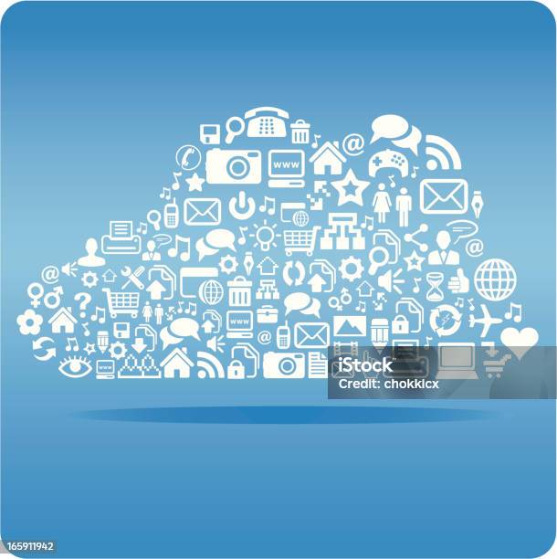 Cloud Hosting Server Montage Of Computer Icons Stock Illustration - Download Image Now - Backgrounds, Blue, Cloud - Sky