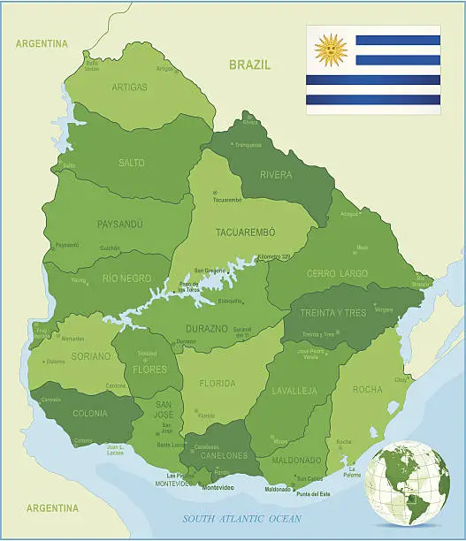 Vector illustration of Map of Uruguay - states, cities and flag